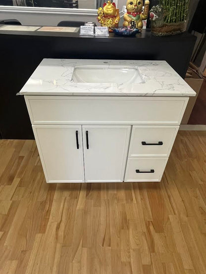 Bella 36" Solid Wood Floor Mount Vanity with Quartz Countertop - 2 Drawers on Right Side and 2 Doors