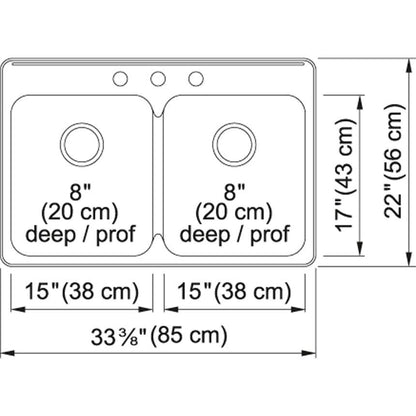 Kindred Steel Queen 33.37" x 22" Stainless Steel 20 Gauge Double Bowl, Equal Drop-In 3-Hole Kitchen Sink - Renoz