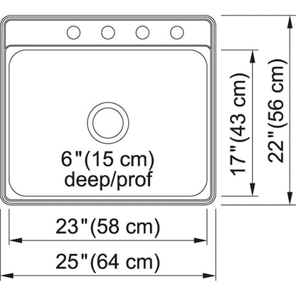 Kindred Creemore 25" x 22" Drop-in Single Bowl 4 Faucet Holes Stainless Steel Kitchen Sink - Renoz