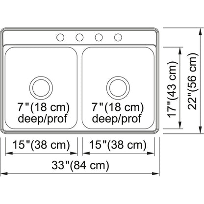 Kindred Creemore 33" x 22" Drop In Double Bowl 4-Hole Stainless Steel Kitchen Sink - Renoz
