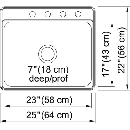 Kindred Creemore 25" x 22" Drop-in Single Bowl 4 Faucet Holes Stainless Steel Kitchen Sink - Renoz