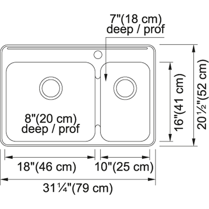 Kindred 31.25" x 20.5" 1-Hole Double Bowl Drop-in 20 Gauge Kitchen Sink Stainless Steel - Renoz