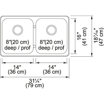 Kindred Steel Queen 31.25" x 18.44" Double Bowl Drop-in 20 Gauge Kitchen Sink Stainless Steel - Renoz