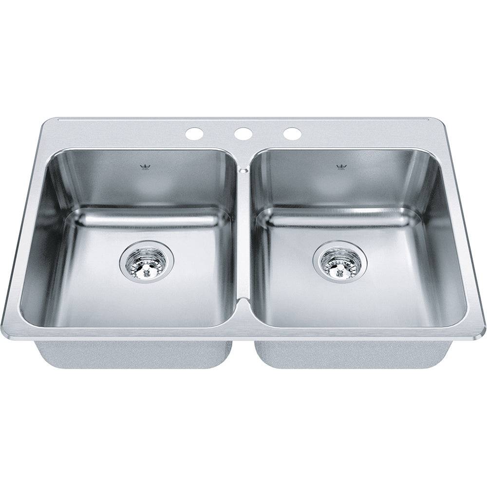 Kindred Steel Queen 33.37" x 22" Stainless Steel 20 Gauge Double Bowl, Equal Drop-In 3-Hole Kitchen Sink - Renoz