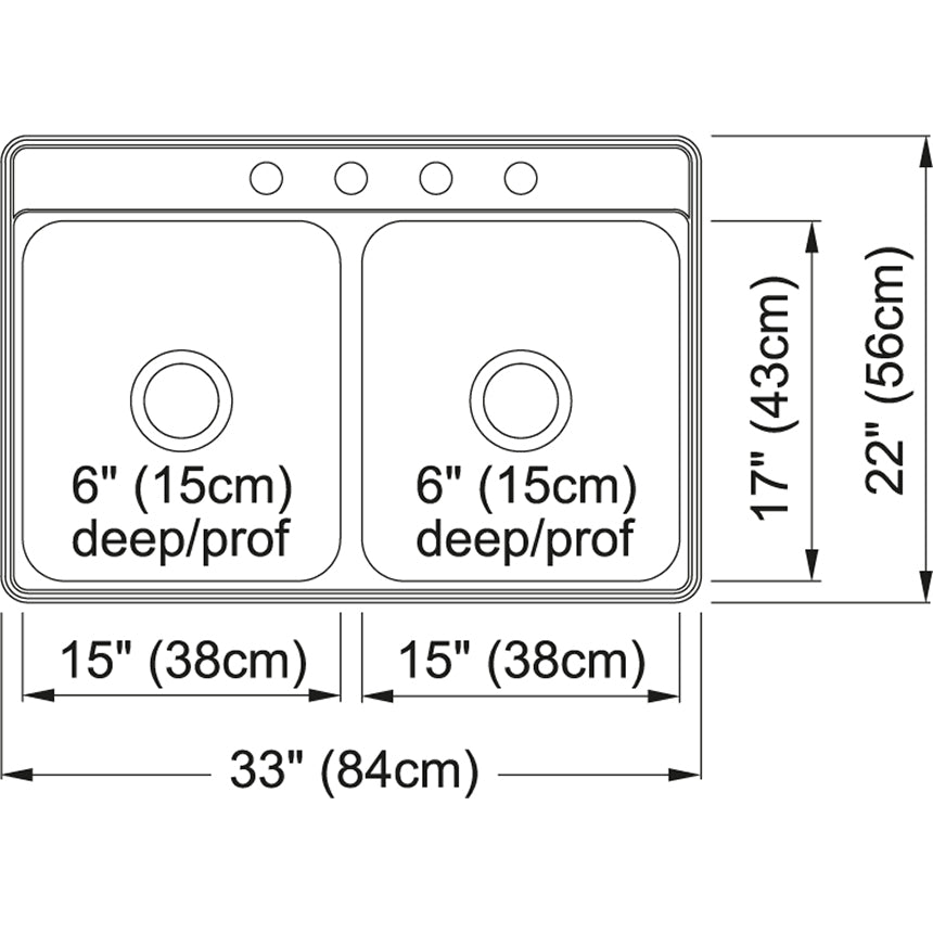 Kindred Creemore 33" x 22" Drop In Double Bowl 4-Hole Stainless Steel Kitchen Sink - Renoz