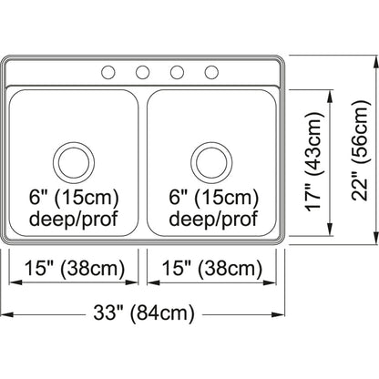 Kindred Creemore 33" x 22" Drop In Double Bowl 4-Hole Stainless Steel Kitchen Sink - Renoz