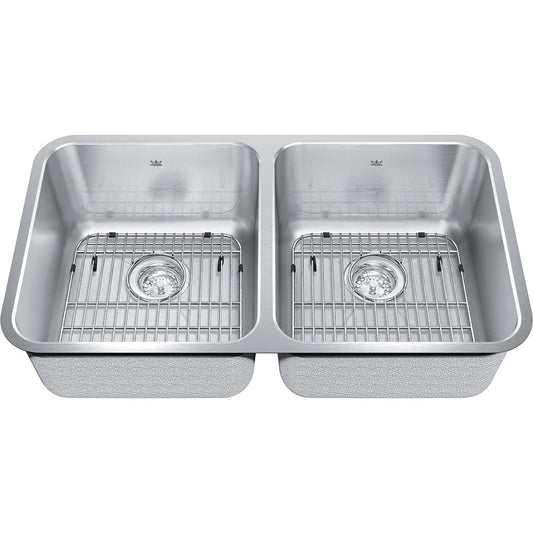 Kindred 32.87" x 18.75" Double Bowl Undermount 18 Gauge Sink With Bottom Grid and Waste Fittings Stainless Steel - Renoz