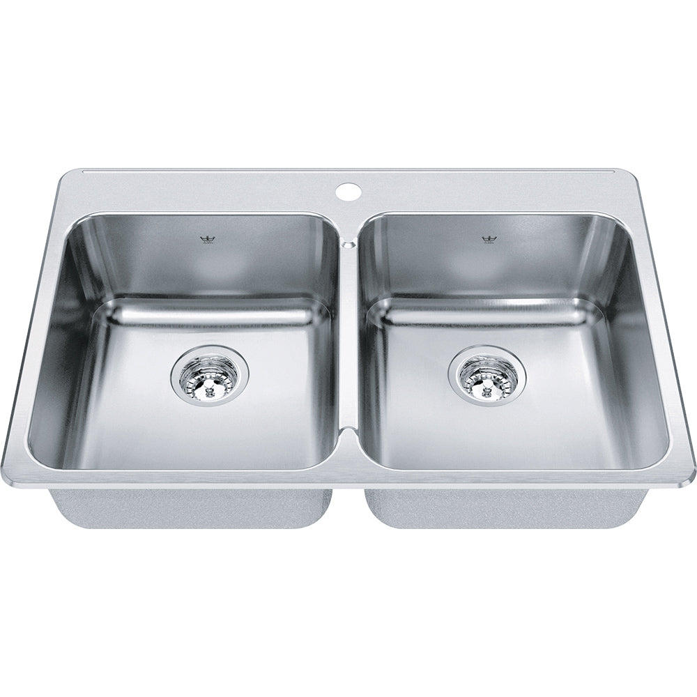 Kindred Steel Queen 33.37" x 22" Stainless Steel 20 Gauge Double Bowl, Equal Drop-In 1-Hole Kitchen Sink - Renoz