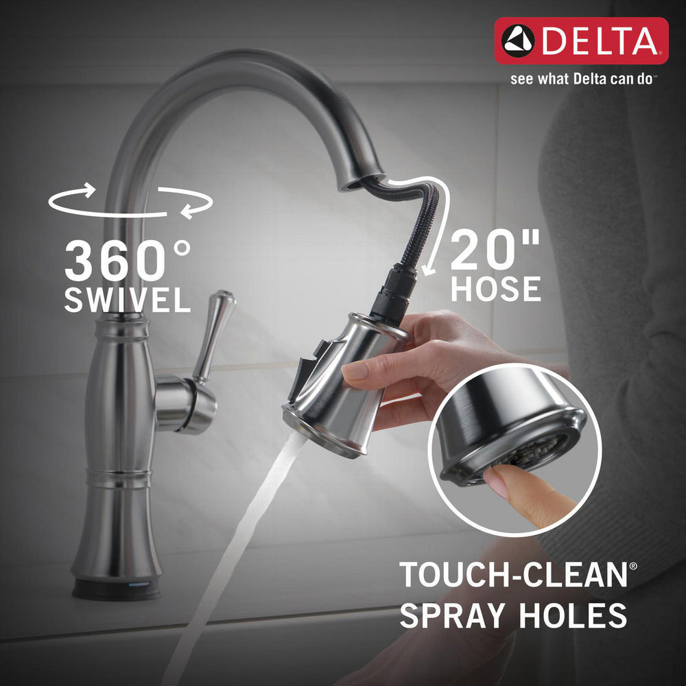 Delta CASSIDY Single Handle Pull-Down Kitchen Faucet with Touch2O and ShieldSpray Technologies- Lumicoat Arctic Stainless