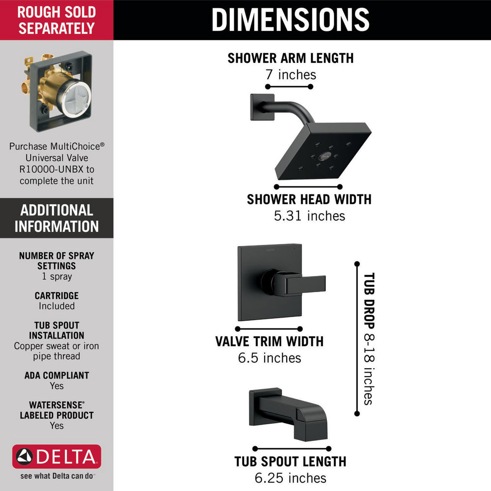 Delta ARA Monitor 14 Series H2Okinetic Tub & Shower Trim -Matte Black (Valve Sold Separately)