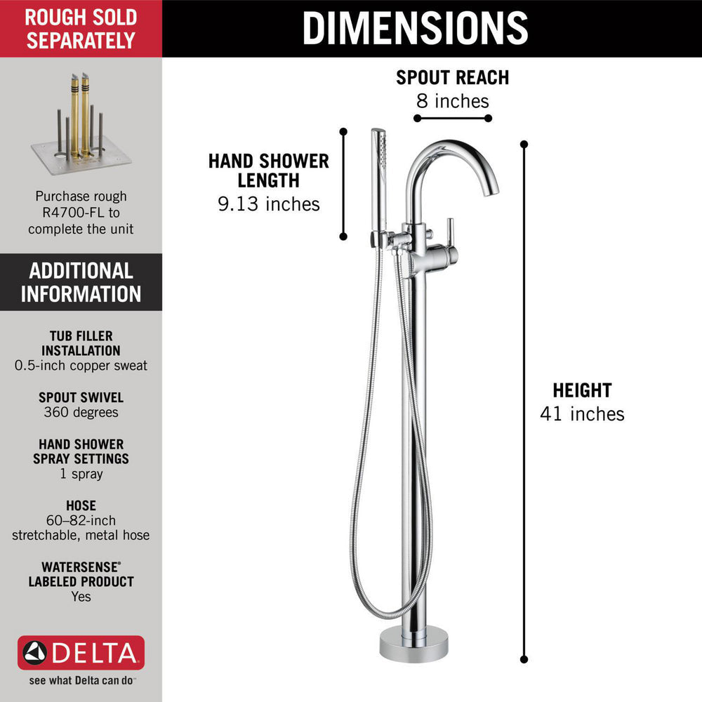 Delta TRINSIC Single Handle Floor Mount Tub Filler Trim with Hand Shower -Chrome (Valves Sold Separately)