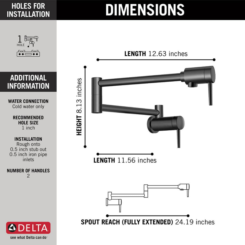 Delta Contemporary Wall Mount Pot Filler -Matte Black