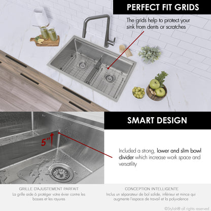 Stylish Boron 30 inch Workstation Double Bowl Undermount and Drop-in 16 Gauge Stainless Steel Kitchen Sink with Built in Accessories