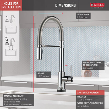 Delta TRINSIC PRO 19.5" Single Handle Pull-Down Spring Spout Kitchen Faucet with Touch2O Technology- Chrome