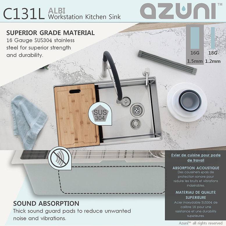 Azuni Albi 30" x 19" Reversible Undermount Workstation Single Bowl Kitchen Sink C131L - Renoz