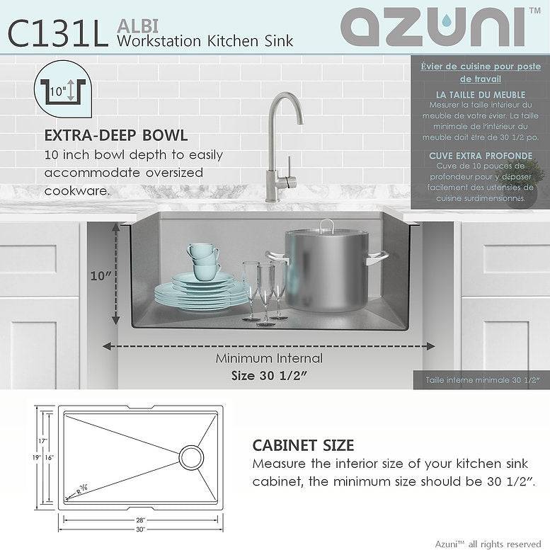 Azuni Albi 30" x 19" Reversible Undermount Workstation Single Bowl Kitchen Sink C131L - Renoz