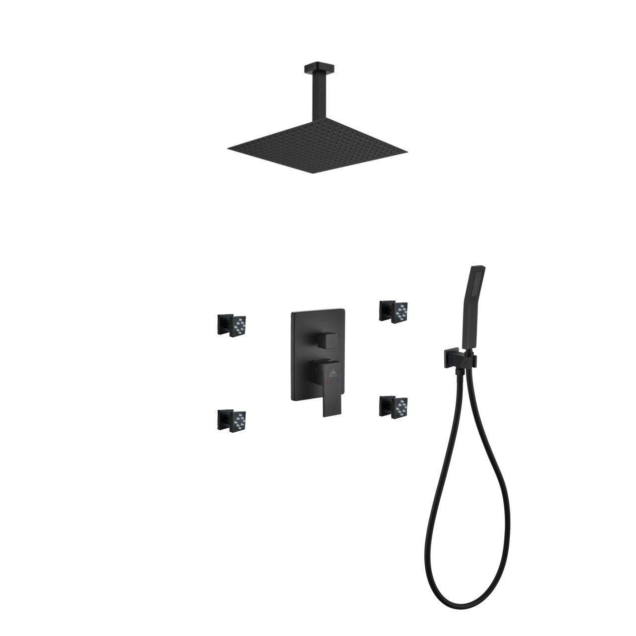 Kube Bath Aqua Piazza Black Shower Set With 12" Ceiling Mount Square Rain Shower, 4 Body Jets and Handheld - Renoz