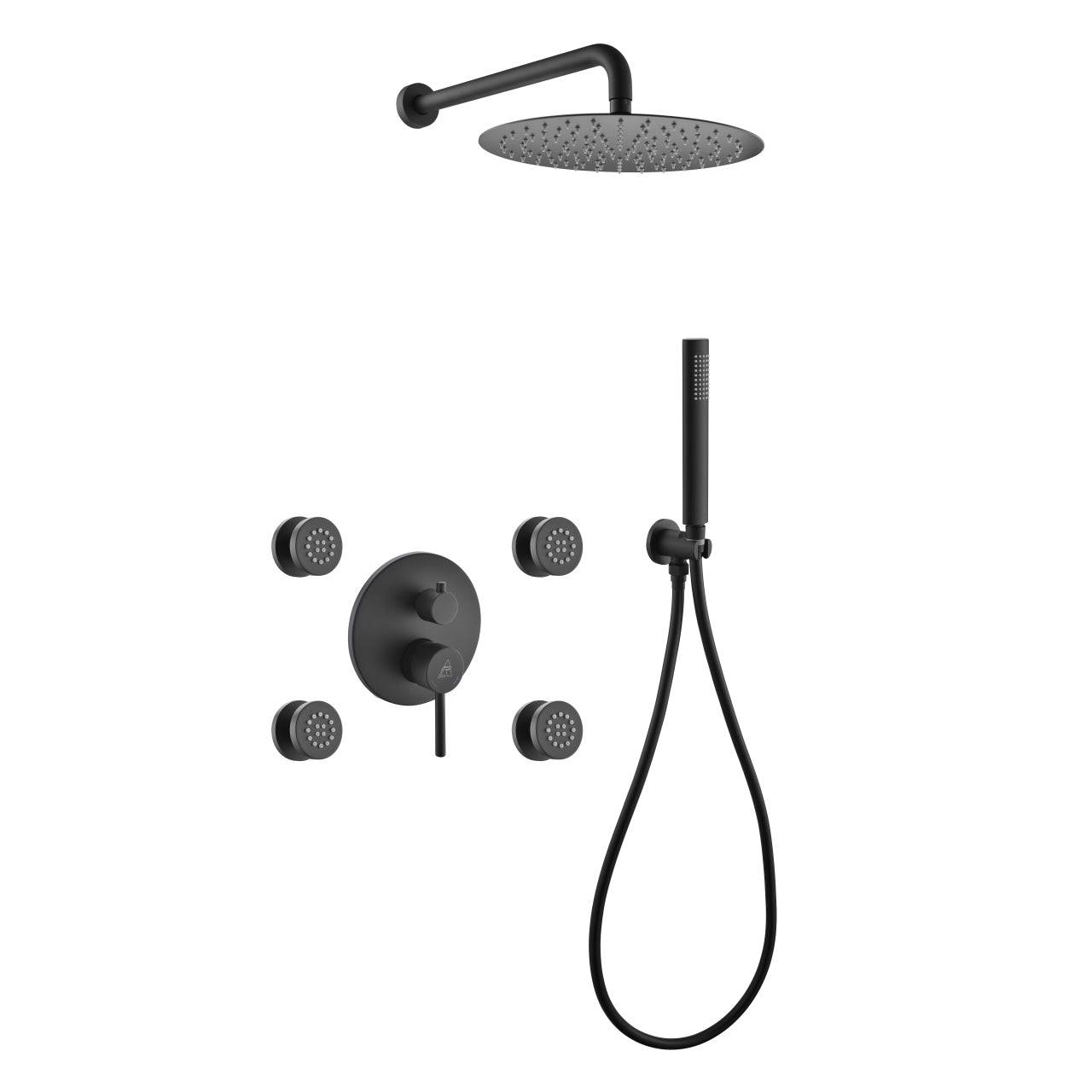 Kube Bath Aqua Rondo Black Brass Shower Set With 8" Round Rain Shower, 4 Body Jets and Handheld - Renoz