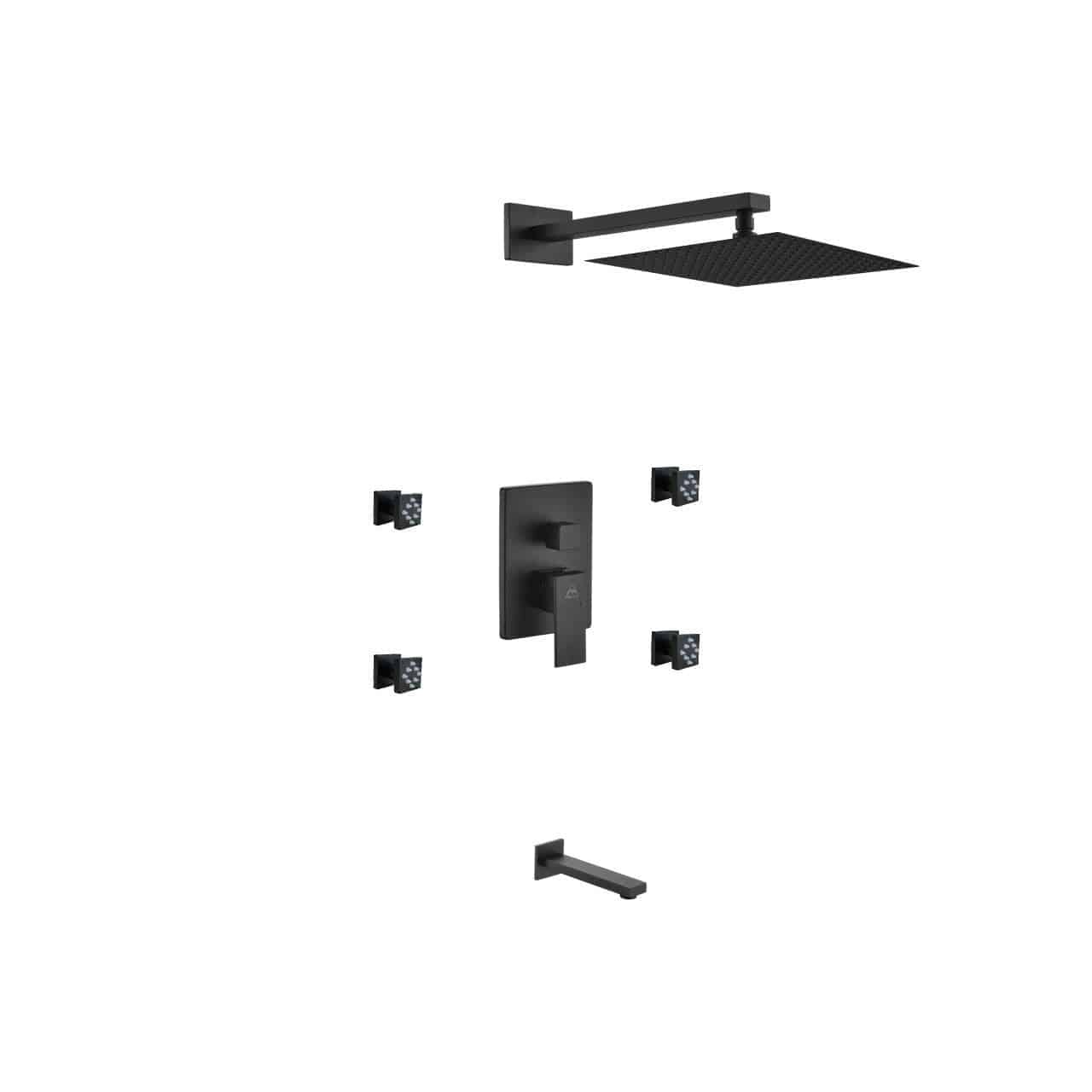 Kube Bath Aqua Piazza Black Shower Set With 12" Square Rain Shower, Tub Filler and 4 Body Jets - Renoz