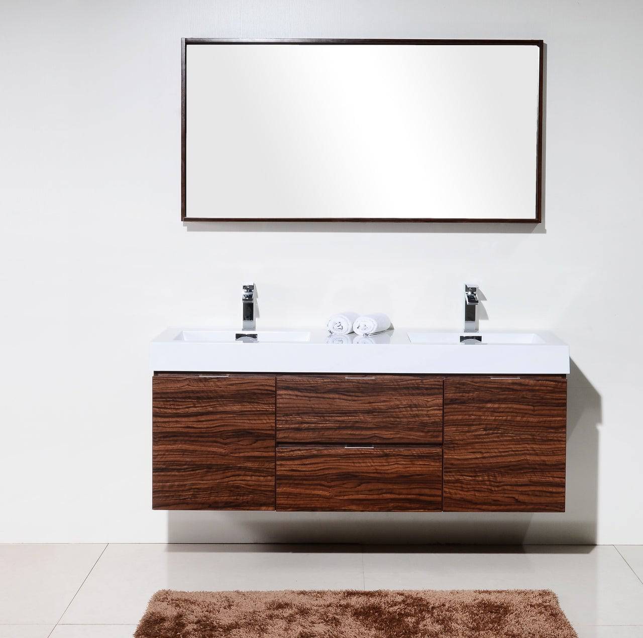 Kube Bath Bliss 60" Wall Mount / Wall Hung Double Sink Bathroom Vanity With 2 Drawers And 2 Doors Acrylic Countertop - Renoz