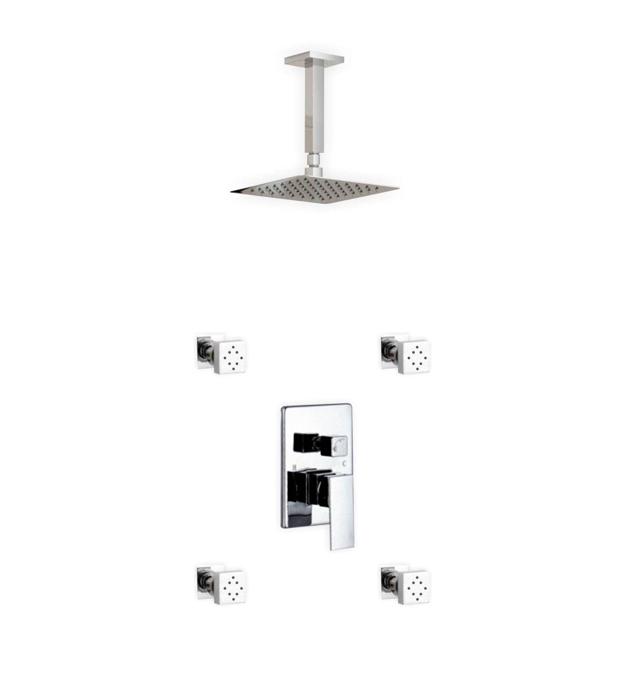 Kube Bath Aqua Piazza Shower Set With 8" Ceiling Mount Square Rain Shower and 4 Body Jets Chrome - Renoz