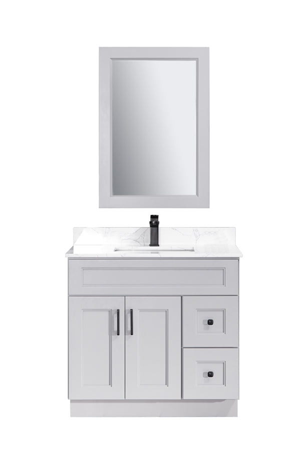 Bella 36" Solid Wood Floor Mount Vanity with Quartz Countertop - 2 Drawers on Right Side and 2 Doors