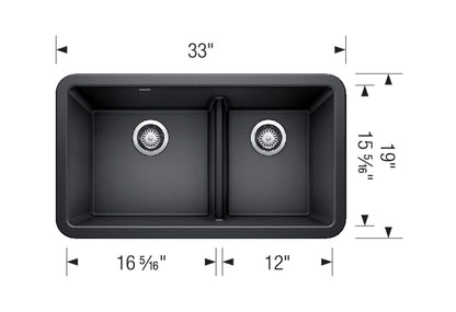 Blanco Ikon 33 1¾ Low Divide Silgranit 33" x 19" Double Bowl Farmhouse Drop-in Kitchen Sink - Anthracite