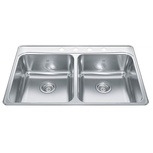 Kindred Creemore 33" x 22" Drop-in Double Bowl 4 Faucet Holes Stainless Steel Kitchen Sink - Renoz