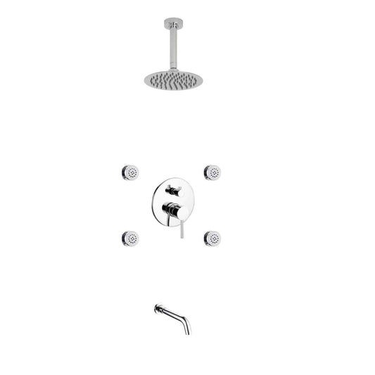 Kube Bath Aqua Rondo Chrome Brass Shower Set With 8" Round Rain Shower, 4 Body Jets and Tubfiller - Renoz