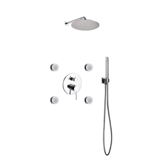 Kube Bath Aqua Rondo Chrome Brass Shower Set With 12" Round Rain Shower, 4 Body Jets and Handheld - Renoz