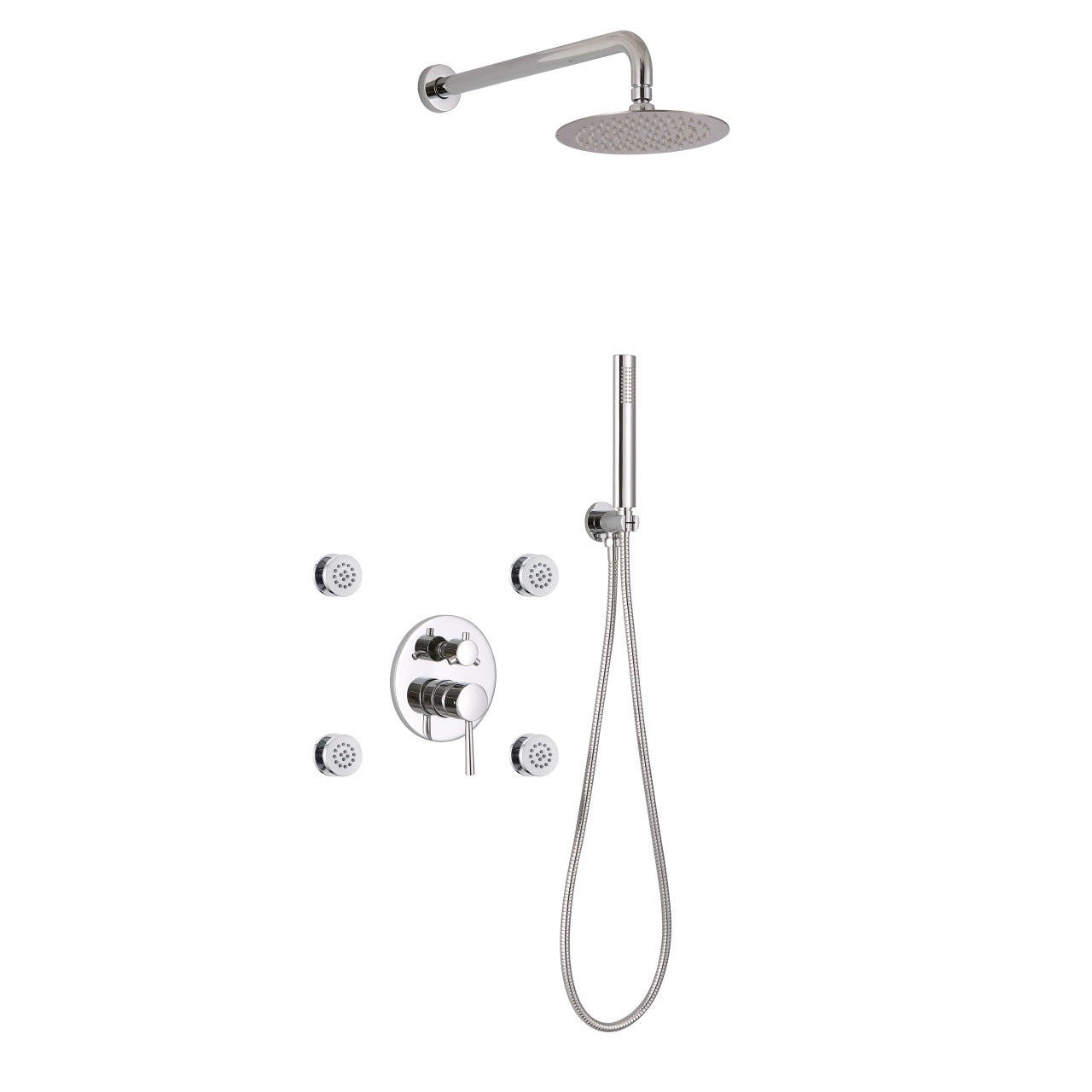 Kube Bath Aqua Rondo Chrome Brass Shower Set With 8″ Round Rain Shower, 4 Body Jets and Handheld