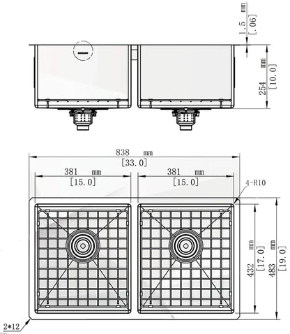 Kodaen 33" Mission Undermount Kitchen Sink-16g Double Bowls UN1515P