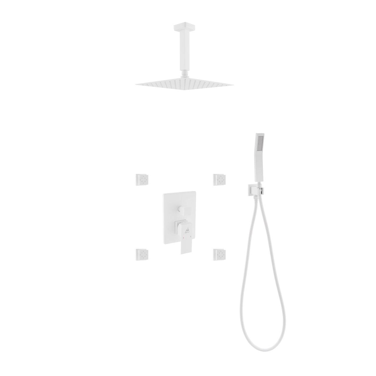 Kube Bath Aqua Piazza White Shower Set W/ 8" Ceiling Mount Square Rain Shower, Handheld And 4 Body Jets - Renoz