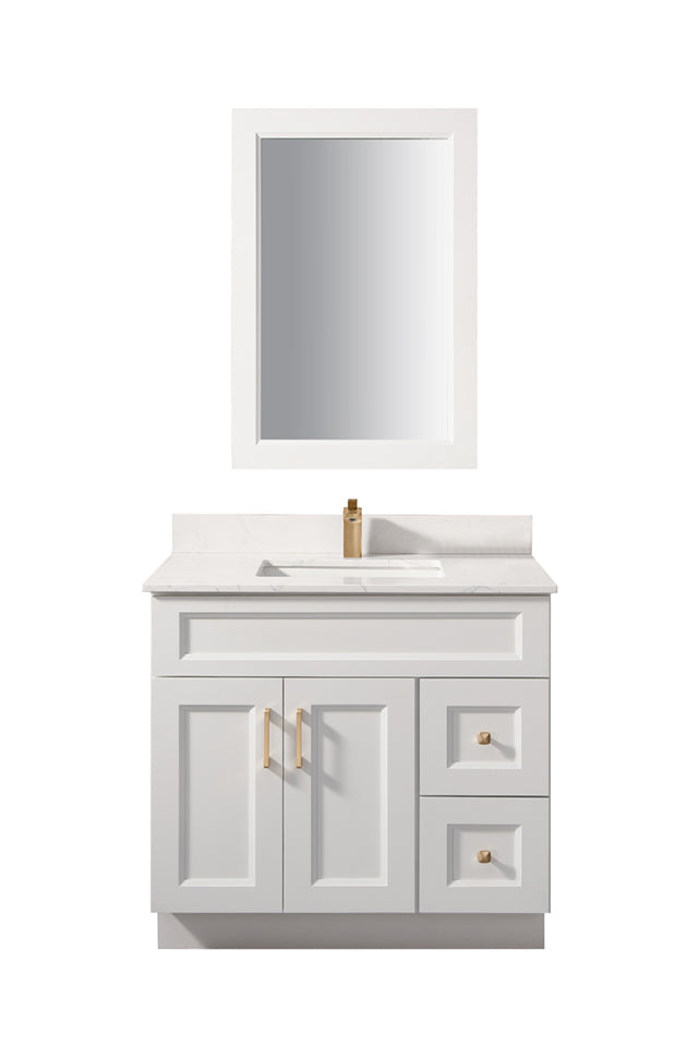 Bella 36" Solid Wood Floor Mount Vanity with Quartz Countertop - 2 Drawers on Right Side and 2 Doors