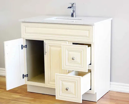 Bella 42" Solid Wood Floor Mount Vanity with Quartz Countertop - 2 Drawers on Right Side and 2 Doors