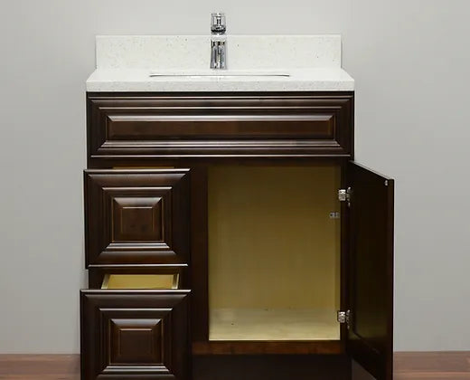 Bella 30" Solid Wood Floor Mount Vanity with Quartz Countertop - 2 Drawers on Left Side and 1 Door