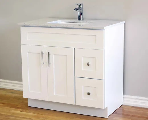 Bella 36" Solid Wood Floor Mount Vanity with Quartz Countertop - 2 Drawers on Right Side and 2 Doors