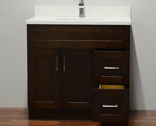 Bella 36" Solid Wood Floor Mount Vanity with Quartz Countertop - 2 Drawers on Right Side and 2 Doors