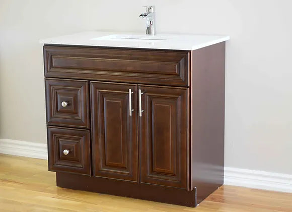 Bella 36" Solid Wood Floor Mount Vanity with Quartz Countertop - 2 Drawers on Left Side and 2 Doors