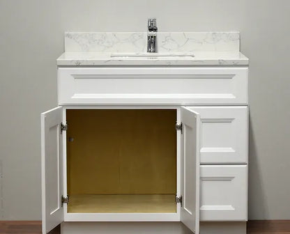 Bella 36" Solid Wood Floor Mount Vanity with Quartz Countertop - 2 Drawers on Right Side and 2 Doors