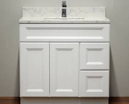 Bella 36" Solid Wood Floor Mount Vanity with Quartz Countertop - 2 Drawers on Right Side and 2 Doors