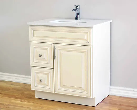 Bella 30" Solid Wood Floor Mount Vanity with Quartz Countertop - 2 Drawers on Left Side and 1 Door