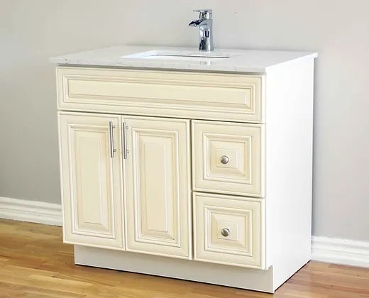 Bella 42" Solid Wood Floor Mount Vanity with Quartz Countertop - 2 Drawers on Right Side and 2 Doors