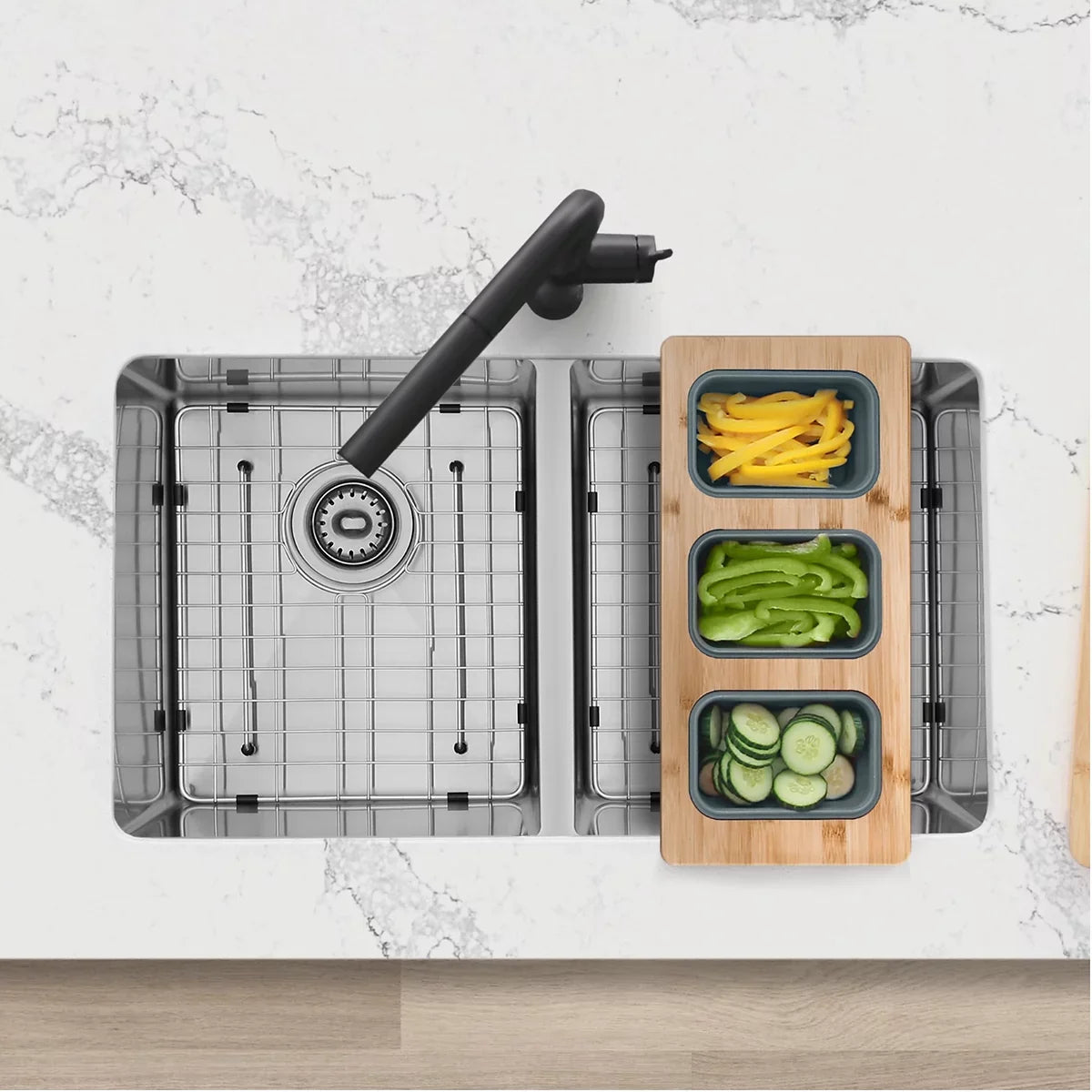 Azuni 18" Kitchen Sink Bamboo Serving Board Set With 3 Containers A910