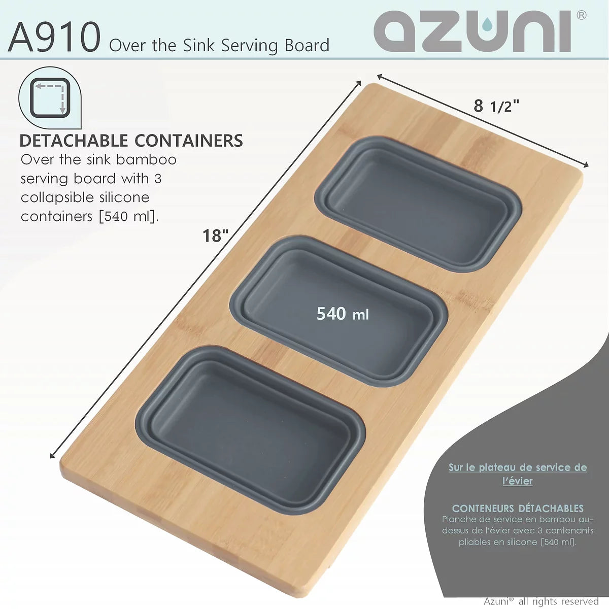 Azuni 18" Kitchen Sink Bamboo Serving Board Set With 3 Containers A910