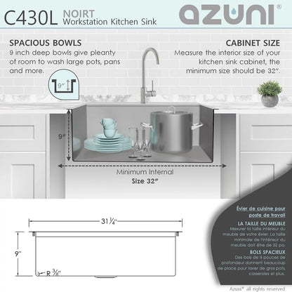 Azuni 31" x 20.5" Noirt Workstation Single Bowl Kitchen Sink Stainless Steel C430l