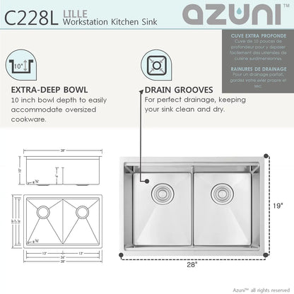 Azuni 28" x 19" Lille Workstation Double Bowl Undermount Kitchen Sink Stainless Steel C228l