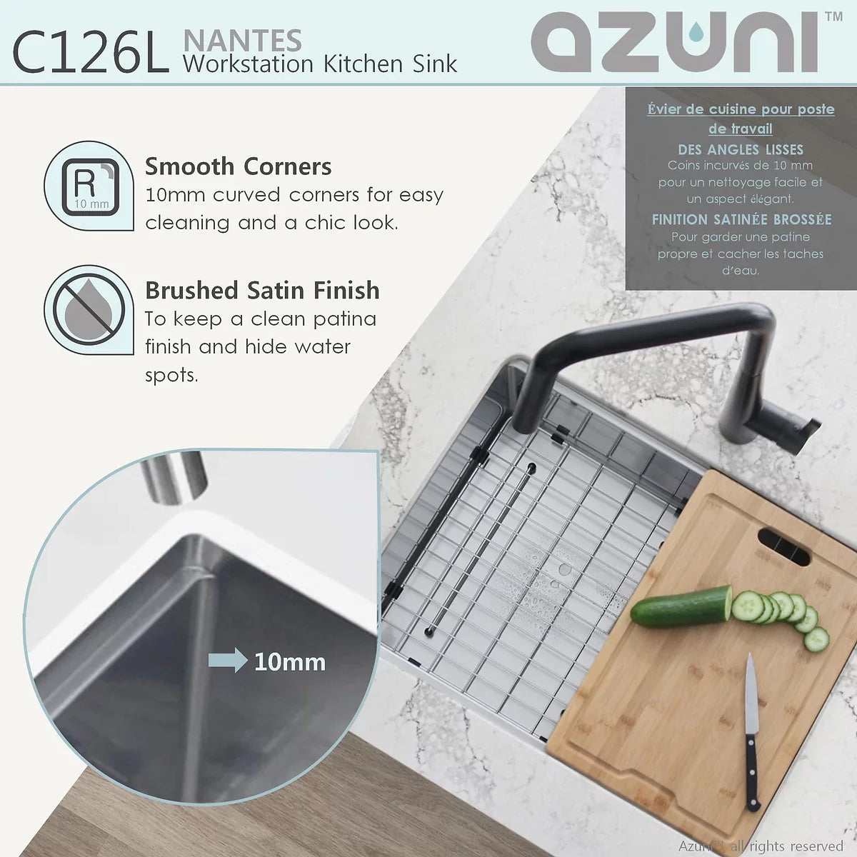 Azuni 25" x 19" Nantes Reversible Workstation Single Bowl Kitchen Sink Stainless Steel C126l