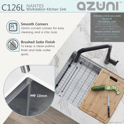 Azuni 25" x 19" Nantes Reversible Workstation Single Bowl Kitchen Sink Stainless Steel C126l