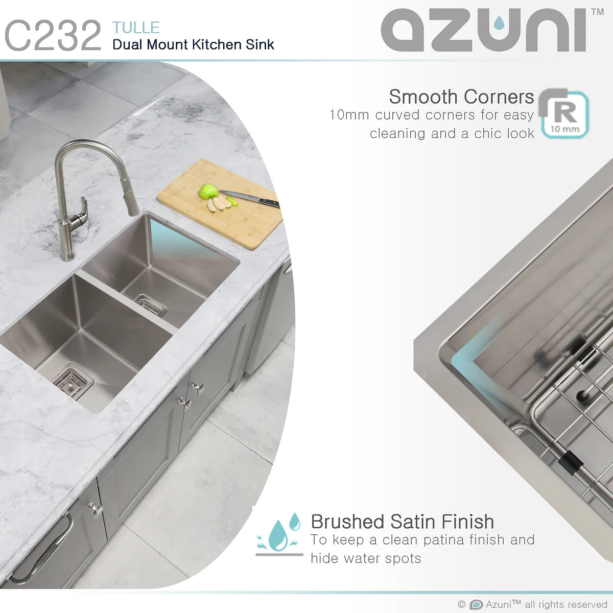 Azuni 32" x 18" Tulle Square Strainer 16 Gauge Undermount or Drop-in 50/50 Double Bowl Stainless Steel Kitchen Sink C232